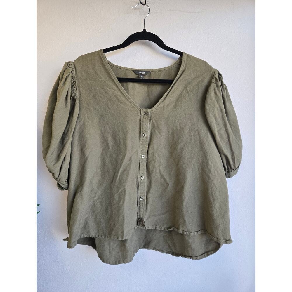 Express‎ Linen Blend Puff Sleeve V-Neck Button Down Top Olive Green XL